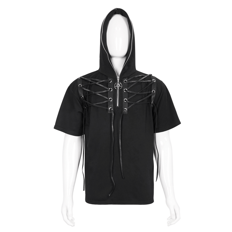 Men's black short sleeve hoodie with lace-up neckline and hood, perfect for a trendy punk look.