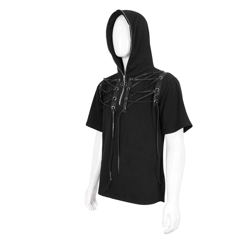 Gothic Short Sleeves Zipper Hooded Top for Men / Black Punk Hodies with Lace-up on Neckline
