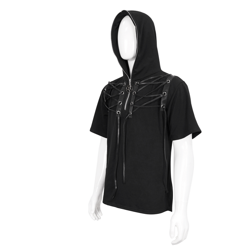 Gothic black short sleeve hoodie for men with zipper and lace-up neckline, perfect for punk style outfits.