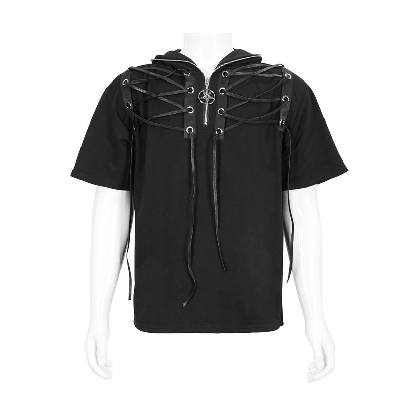 Men's black short sleeve hooded top with lace-up neckline, perfect for a trendy punk style.