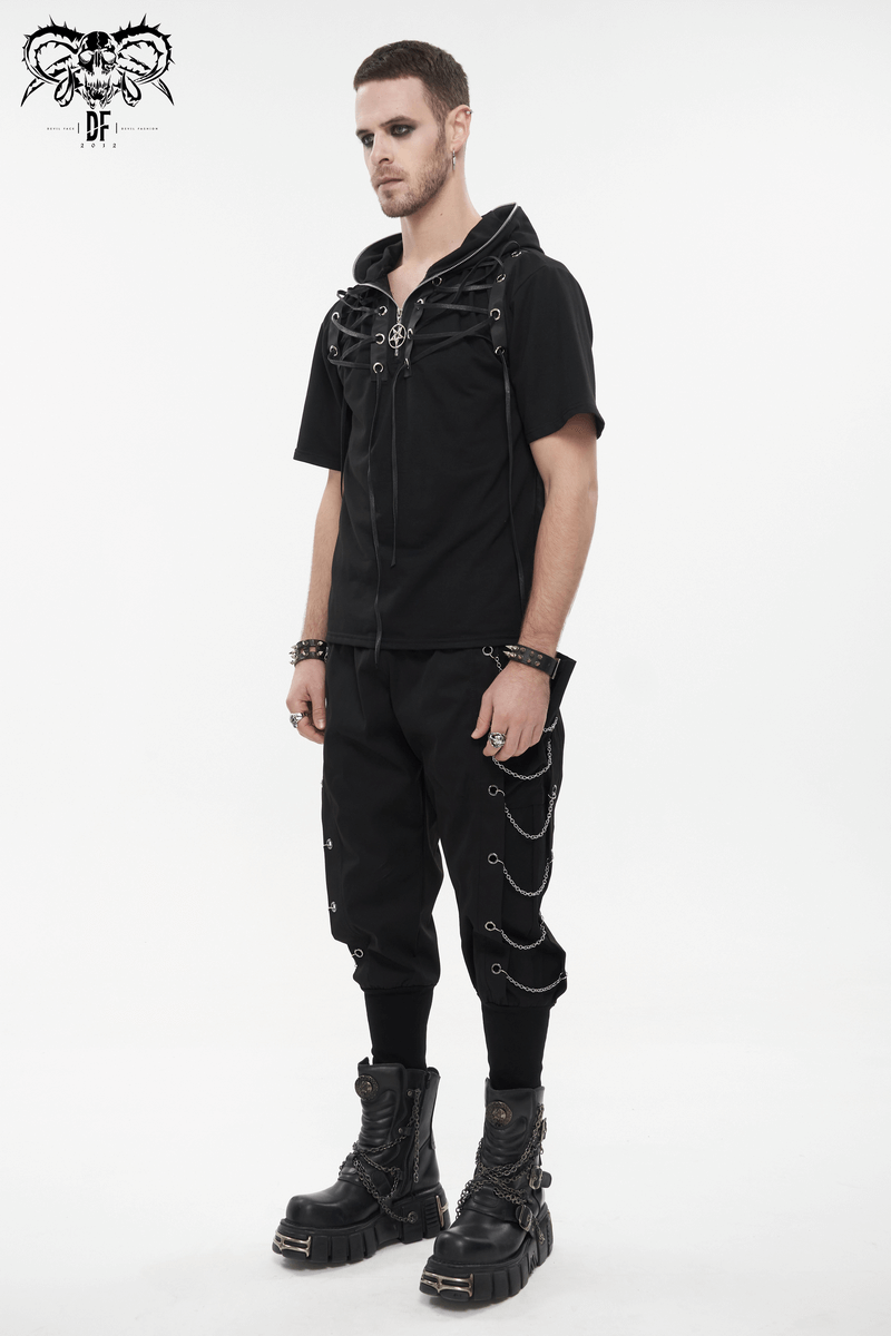 Men's Gothic short sleeve black hoodie with zipper, punk style, featuring lace-up details and trendy trousers.