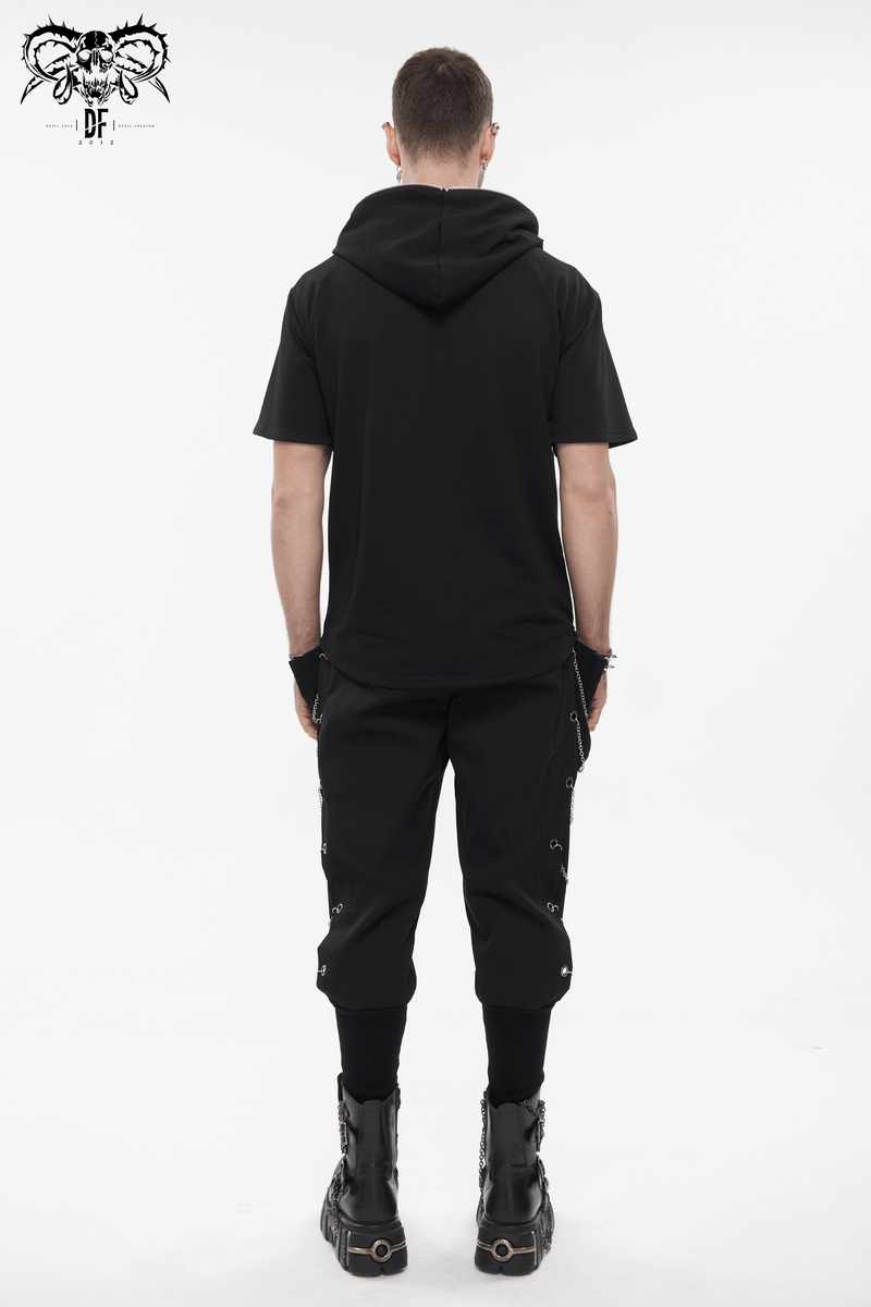 Back view of a man in a Gothic short sleeve black hoodie and matching pants; perfect for punk style fashion.