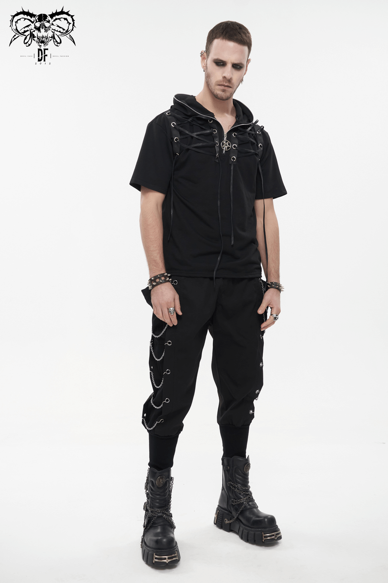 Trendy black short sleeve zippered hoodie for men, featuring punk-style design and lace-up neckline.