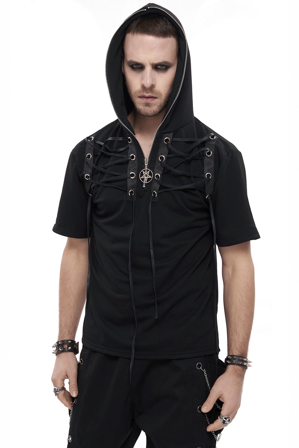 Men's black gothic short sleeve hoodie with lace-up neckline and stylish punk design.