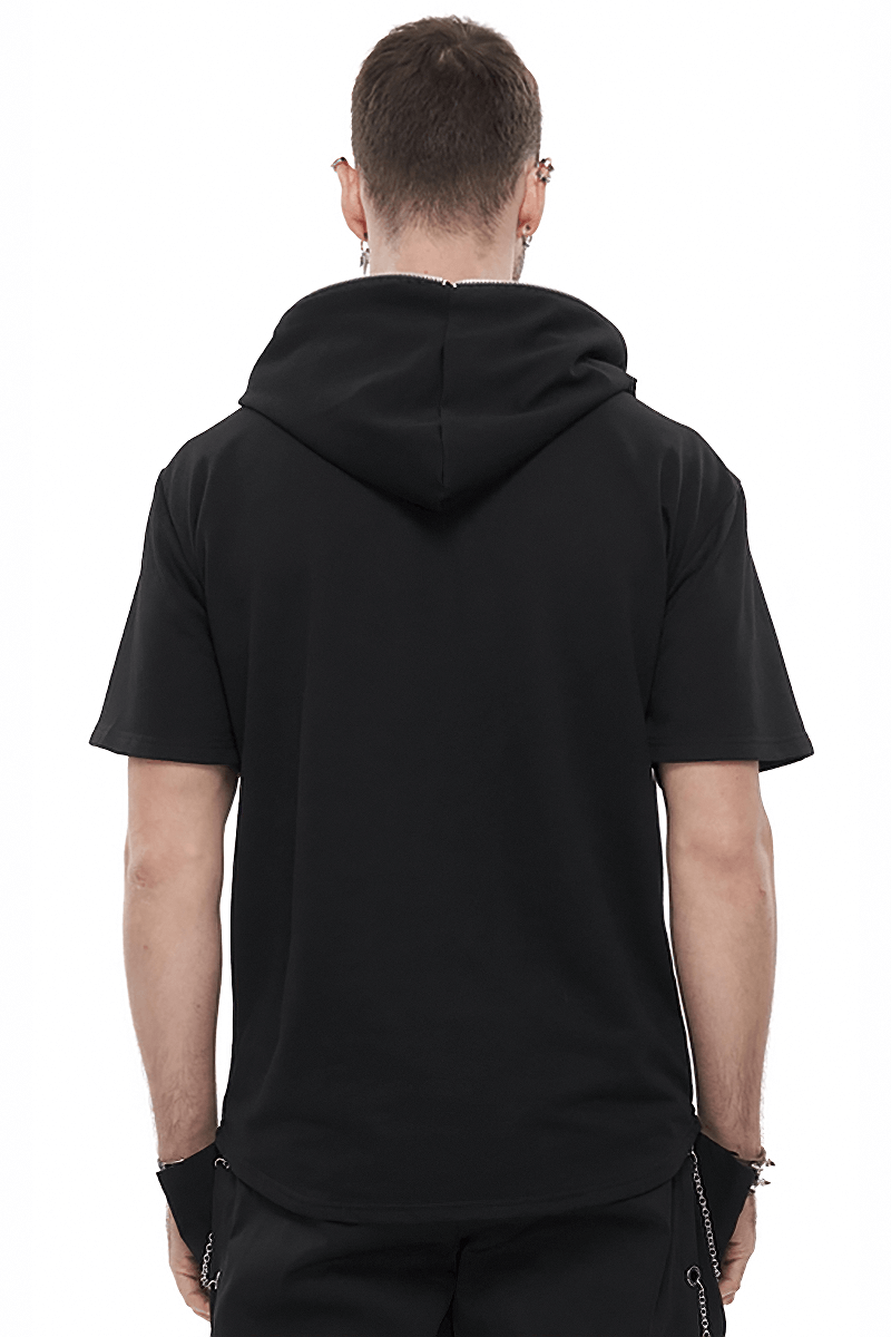 Back view of a men's black short sleeve hoodie with a zipper hood, showcasing its punk style and trendy design.