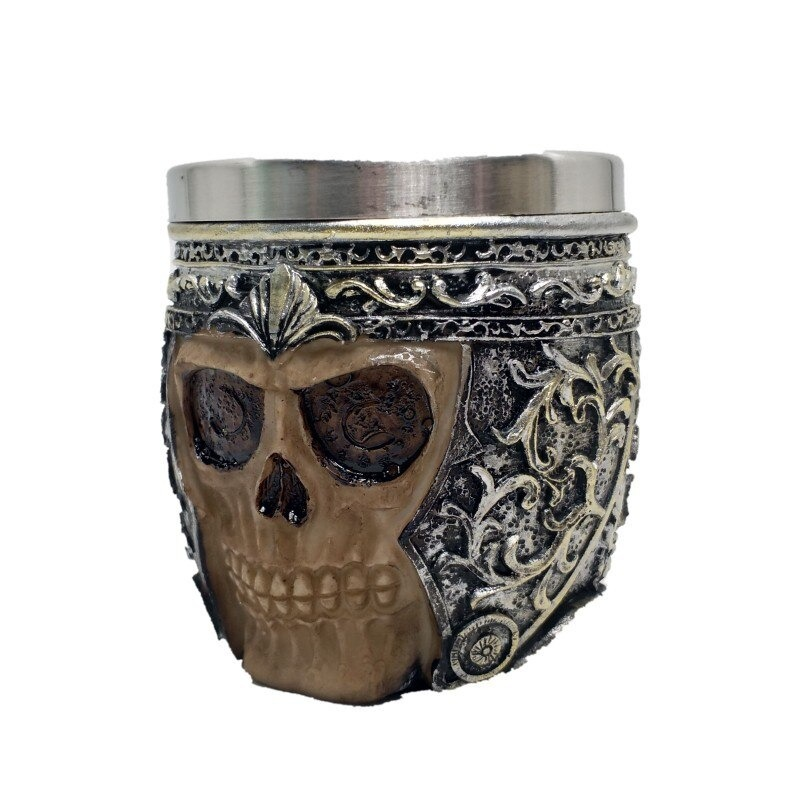 Gothic stainless steel skull cup shot glass with intricate details, perfect for alternative style drinkware collection.