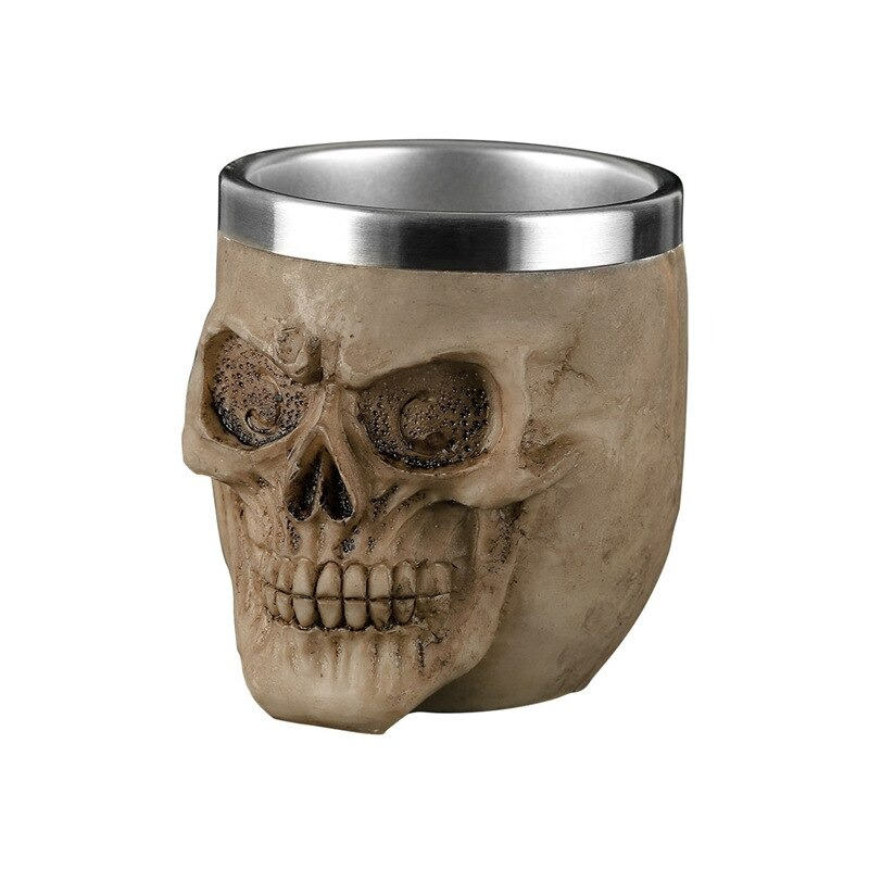 Gothic stainless steel skull shot glass, perfect for unique drinkware or as a decorative piece.