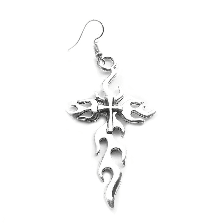 Gothic silver metal flaming cross earring, perfect for grunge fashion and women's gothic jewelry.