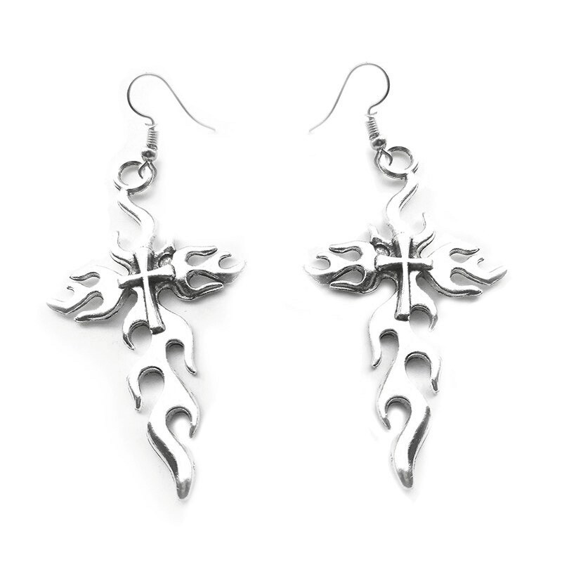 Gothic Silver Color Metal Flaming Cross / Grunge Fashion Long Earrings for Women
