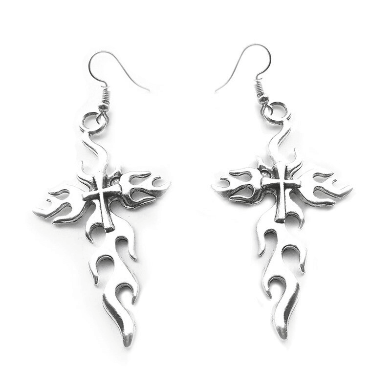 Gothic silver cross long earrings with flame design for women, perfect for grunge fashion and unique jewelry style.