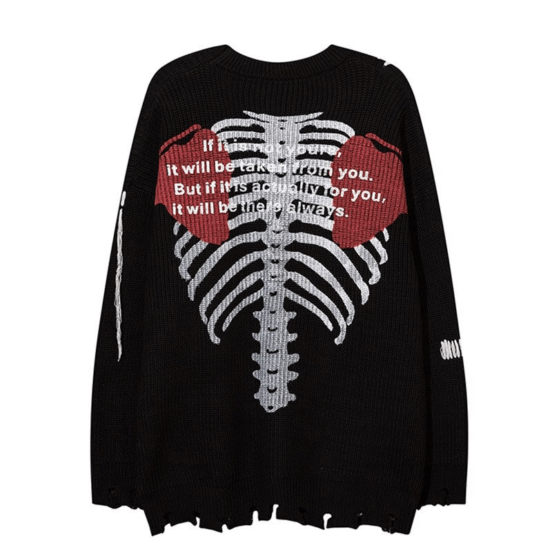 Gothic Skull Graffiti Tassel Knitted Jumper / Men's Punk Rock Oversized Sweater
