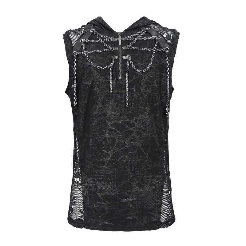 Gothic Skull Mesh Chain Tank Top with Hood / Male Punk Sleeveless T-Shirt for Men