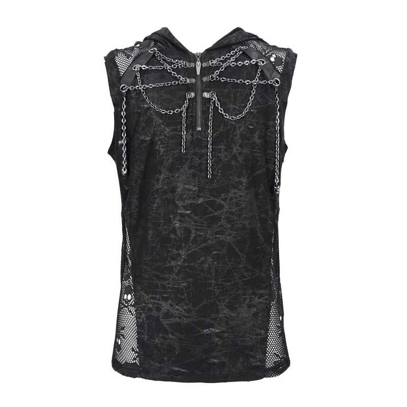 Men's Gothic Skull Tank Top with Hood and Chains, stylish punk fashion for a trendy look.