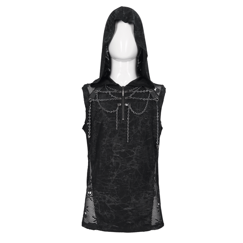 Gothic skull mesh chain hooded tank top for men showcasing punk style and edgy design.