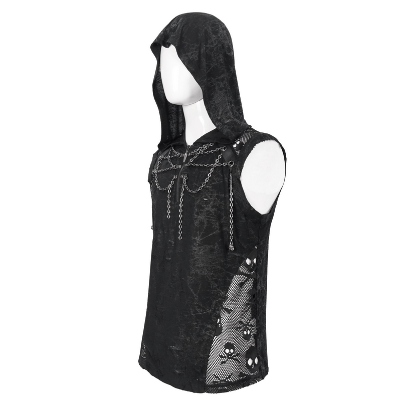 Gothic skull mesh chain tank top with hood for men, featuring punk style and sleeveless design.