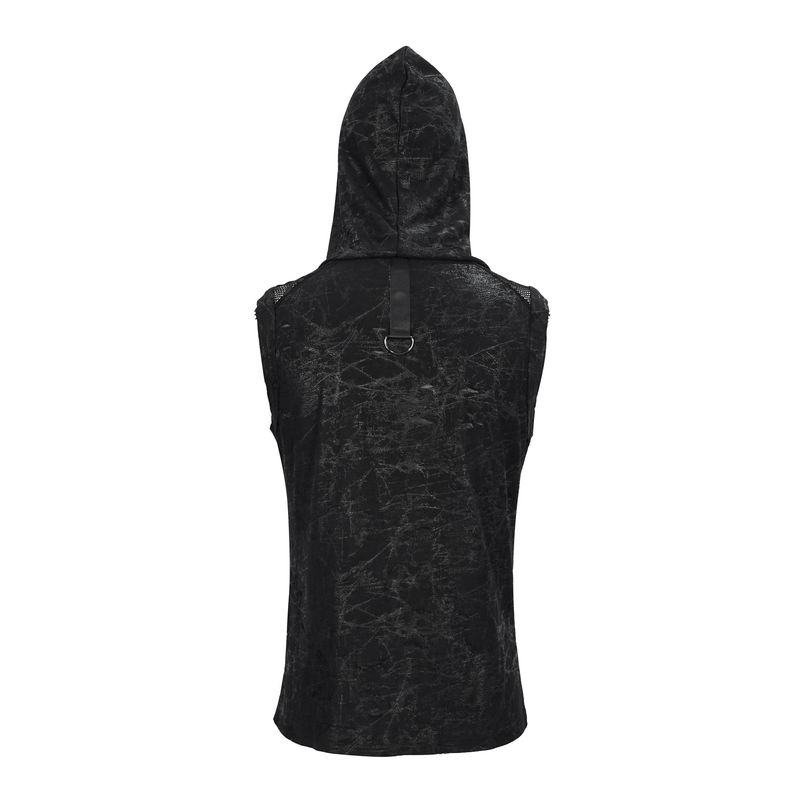 Back view of a men's hooded gothic skull tank top with chain details showcasing punk fashion style.