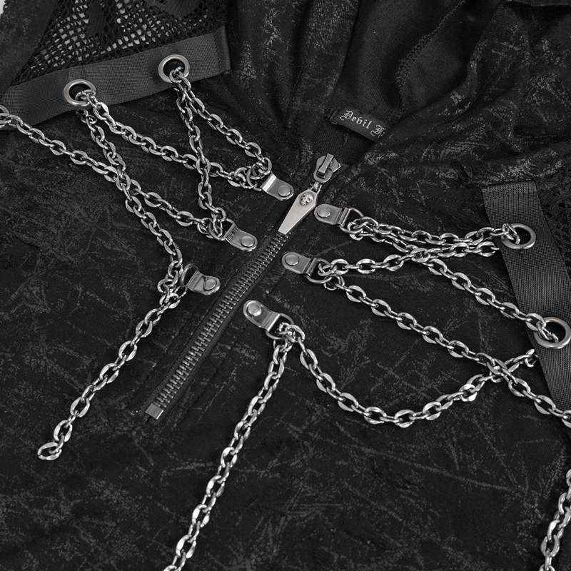 Close-up of Gothic skull mesh tank top featuring chain decorations and hood, perfect for punk fashion.