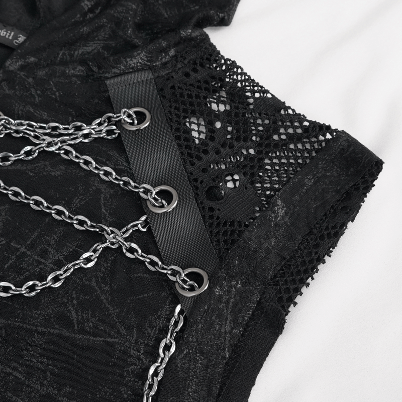 Close-up of black Gothic skull tank top with chain decoration and lace details.