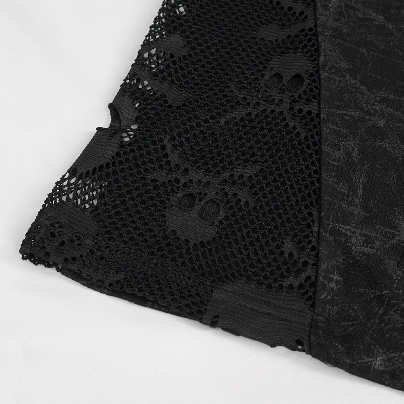 Black mesh fabric featuring gothic skull patterns, perfect for a punk-style men's tank top.