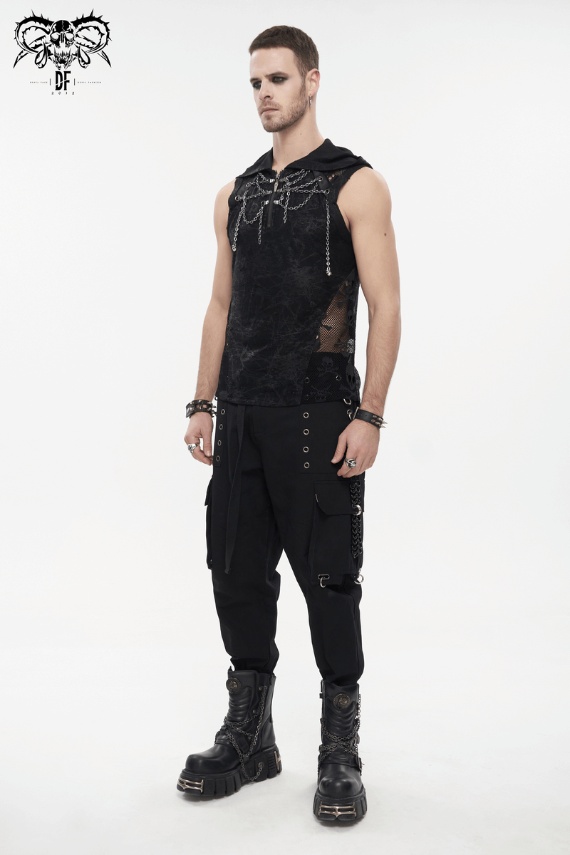 Men's gothic skull mesh tank top with chains and hood, showcasing punk style fashion.
