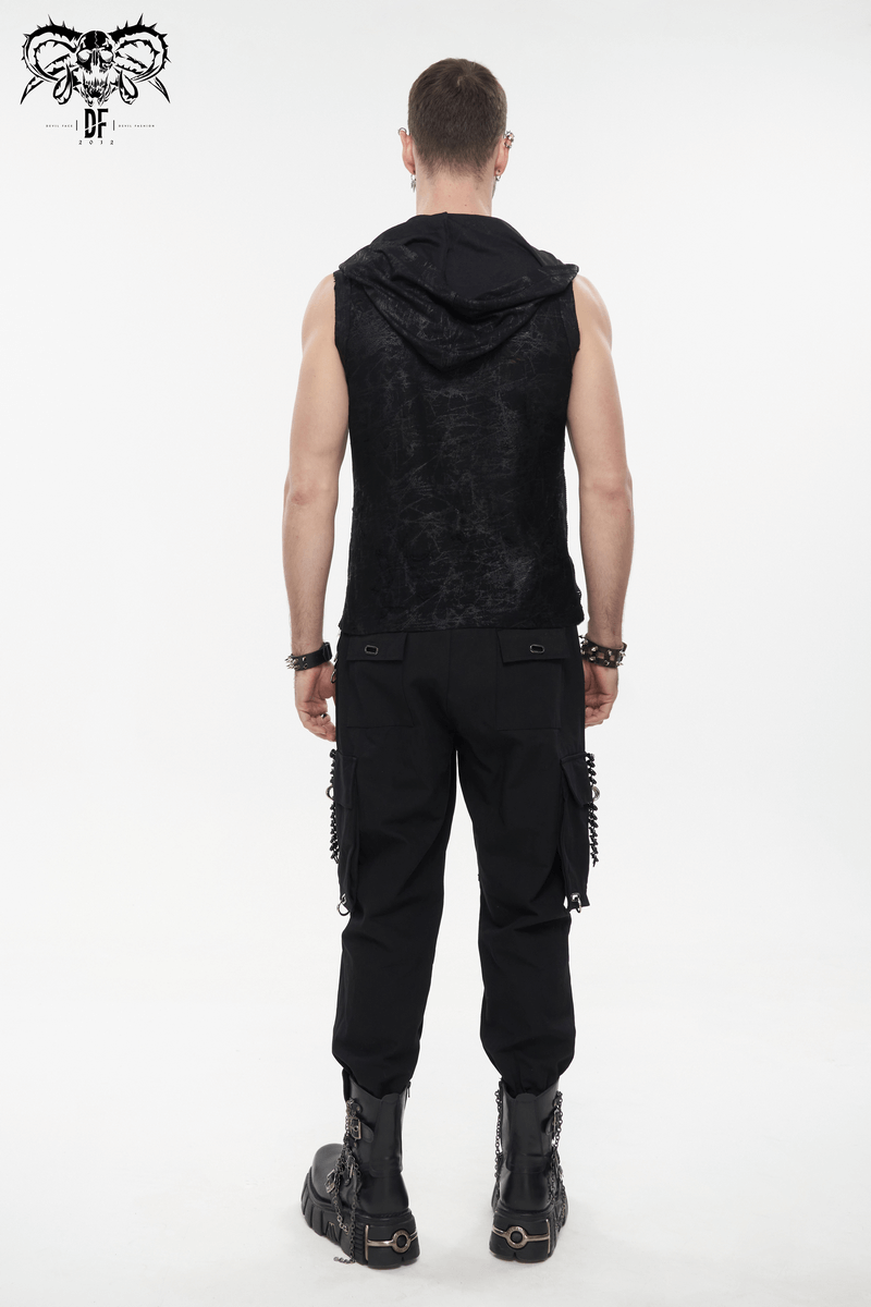 Back view of a men’s hooded gothic skull tank top paired with black cargo pants, showcasing punk fashion style.