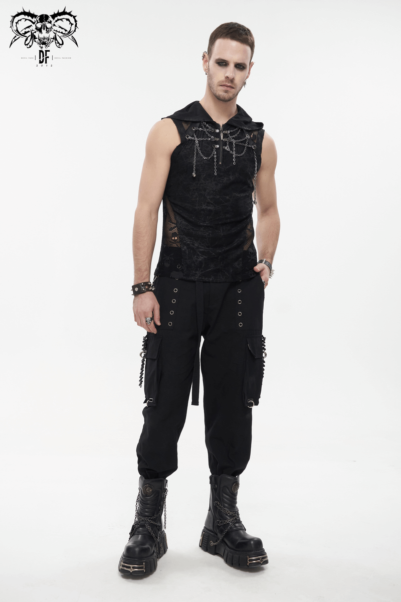Male model in Gothic skull mesh chain tank top with hood and punk-style black cargo pants.