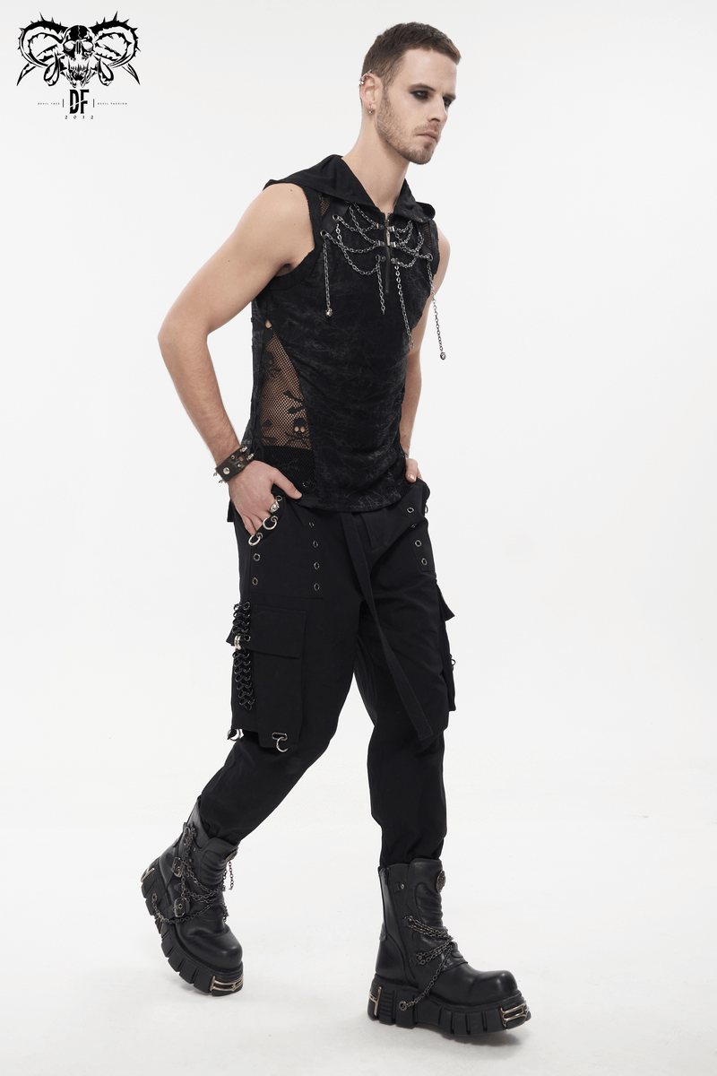 Male model wearing a Gothic skull mesh chain tank top with hood and punk-style pants, showcasing trendy street fashion.