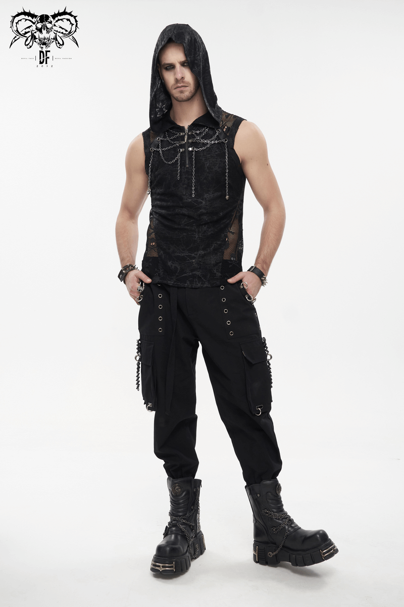 Stylish male model wearing a gothic skull mesh chain hooded tank top and punk cargo pants.