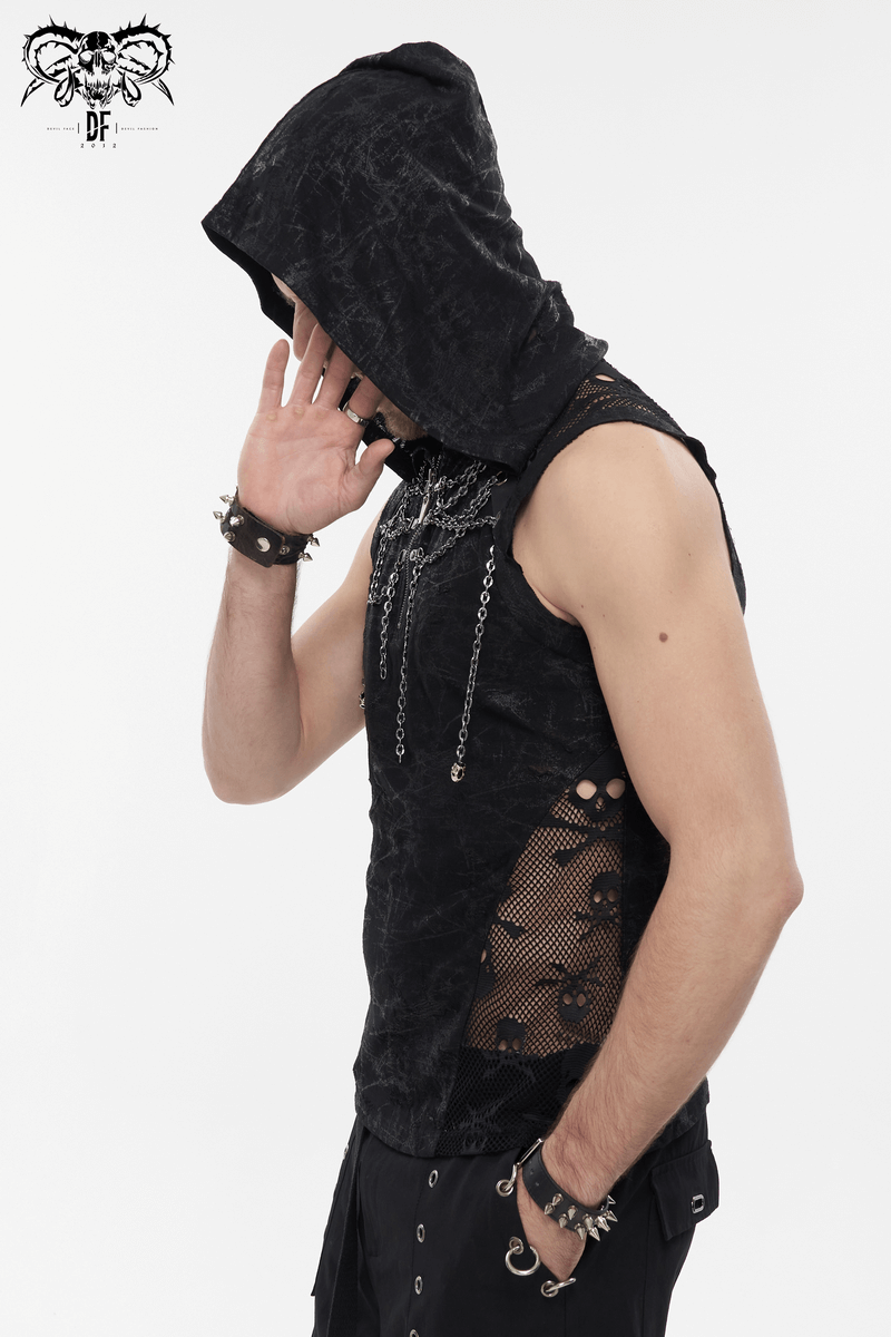 Men's Gothic skull mesh chain tank top with hood, showcasing a punk style look and edgy fashion details.