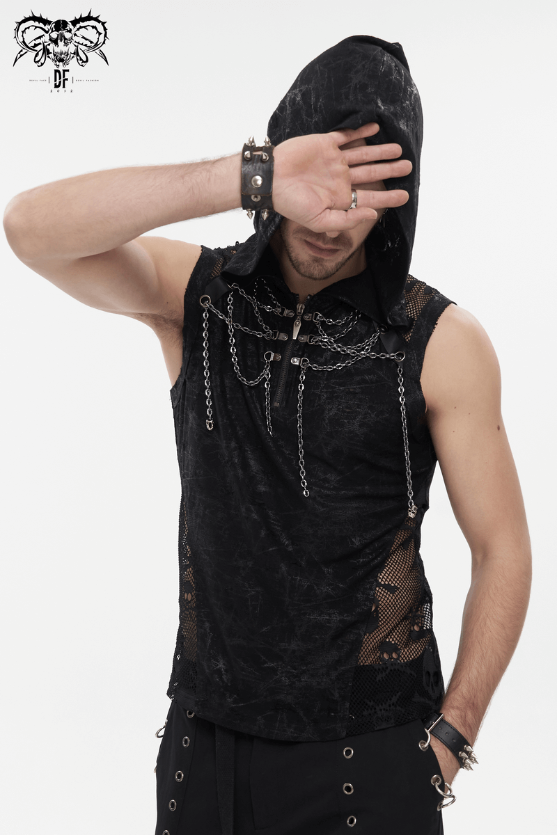 Gothic skull mesh chain tank top with hood, a trendy male punk sleeveless shirt in black.