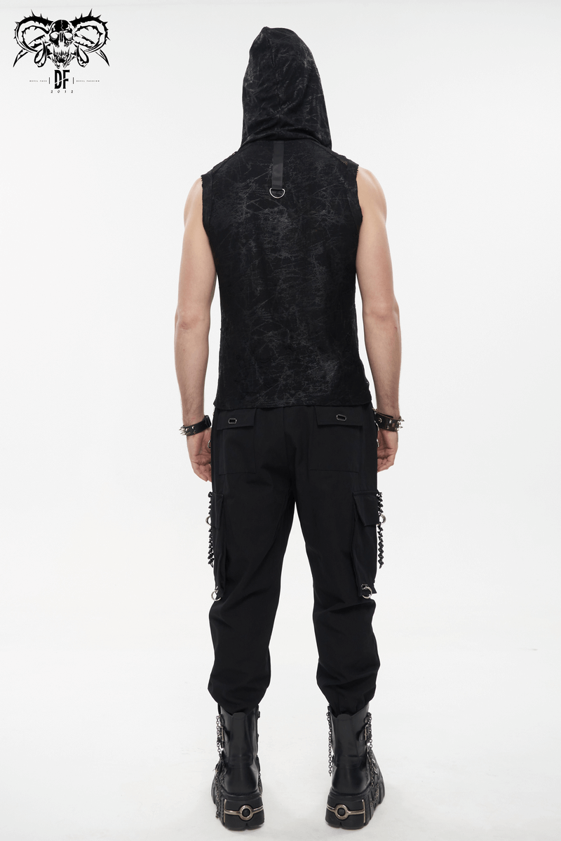 Back view of a male wearing a gothic skull mesh chain tank top with hood, styled in punk fashion.