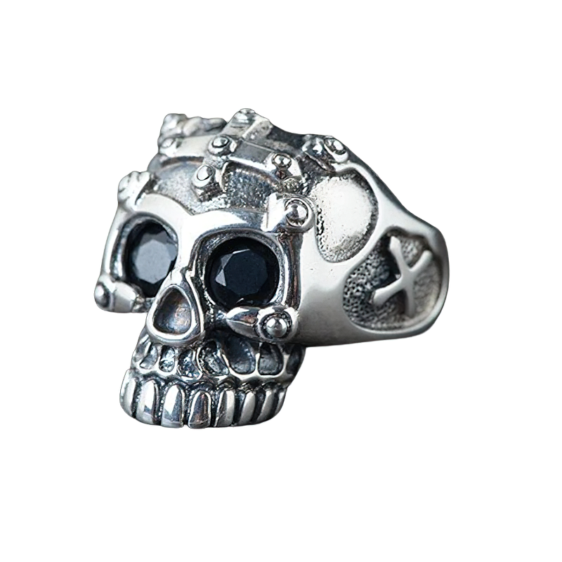 Gothic skull skeleton ring in 925 sterling silver with black jewels, perfect unisex vintage rock style jewelry.