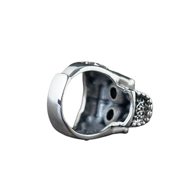 Inside view of a Gothic skull skeleton ring made of 925 sterling silver, showcasing its unique vintage rock style.
