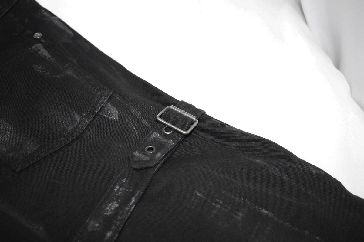 Close-up of Gothic slim fit black pants featuring a stylish belt buckle and pocket detail.