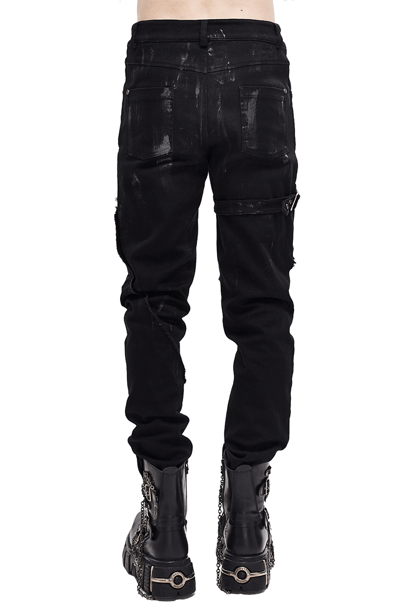Back view of Gothic slim fit black pants with lace-up design and stylish belt buckle.