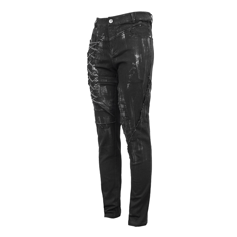 Gothic slim fit black pants with lace-up detail on right leg and stylish belt buckle.