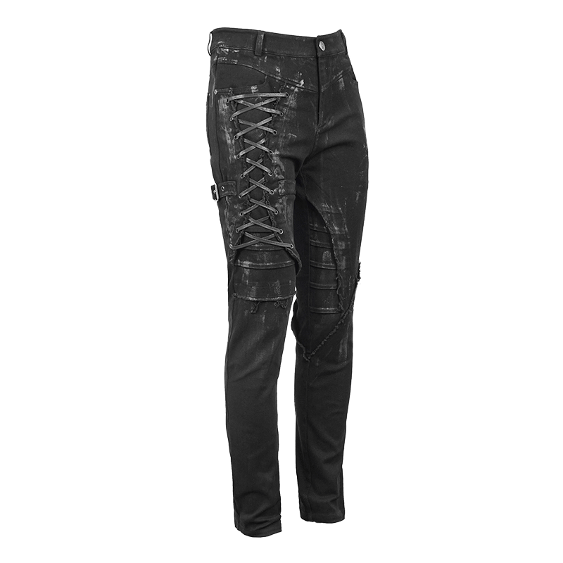 Gothic slim fit black pants with lace-up detail on the right leg and stylish belt buckle.