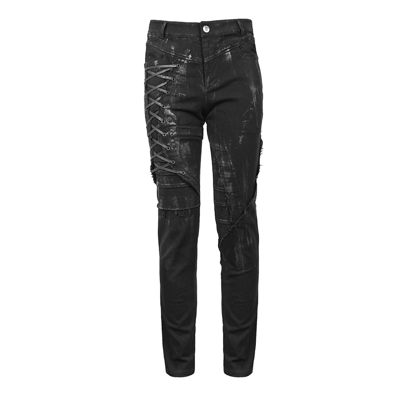 Gothic slim fit black pants with lace-up details on the right leg, showcasing a stylish and edgy design.