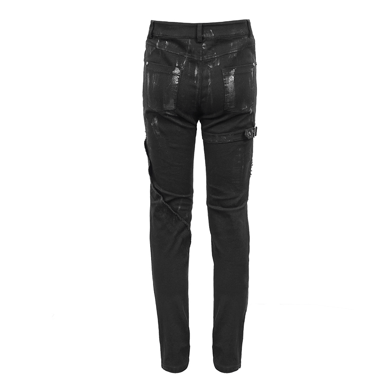 Back view of Gothic slim fit black pants featuring lace-up detail and belt buckle, stylish men's trousers.