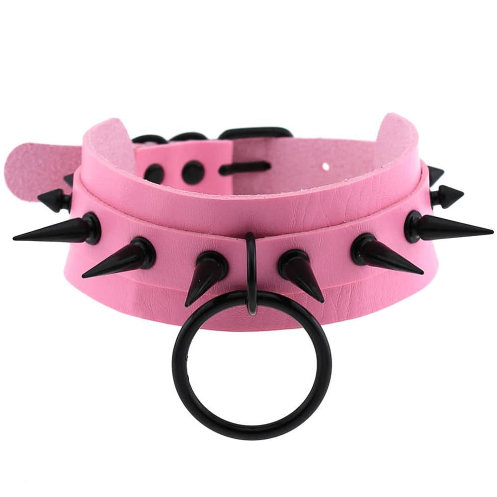 Gothic pink spiked choker for unisex, featuring a black ring, perfect for rock and rave outfits.