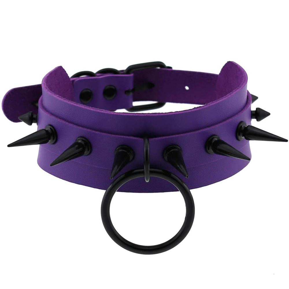Gothic spiked purple leather choker for unisex, featuring spikes and a circular ring, perfect for rave outfits.