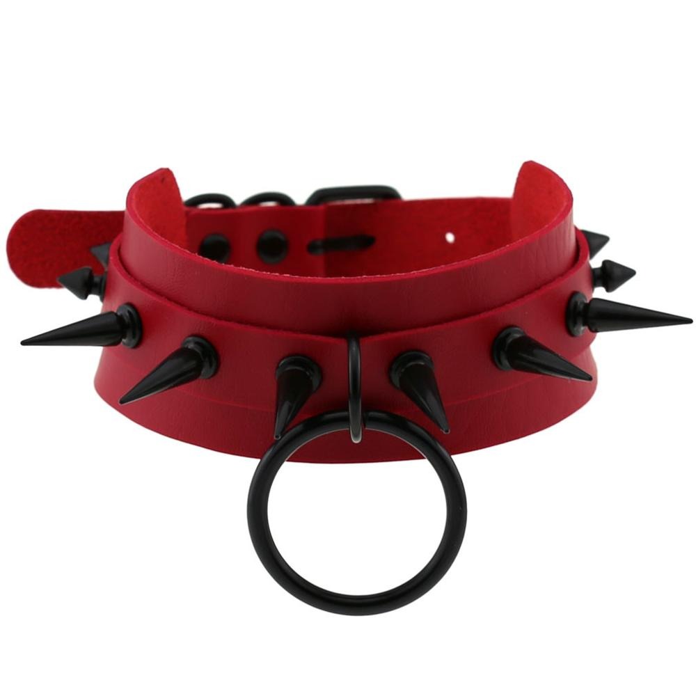 Gothic red spiked choker for men and women, perfect for rock outfits and unisex rave styles.