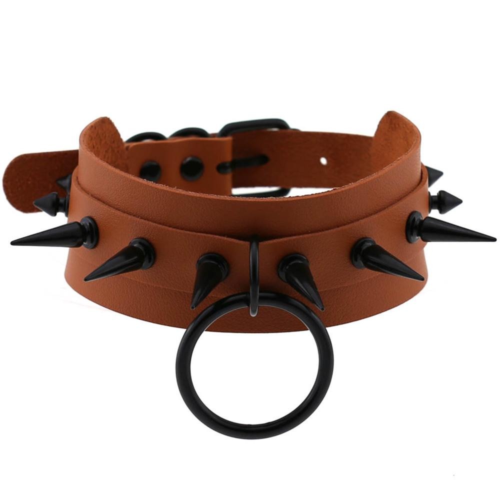 Stylish gothic spiked leather choker necklace with ring for unisex rave outfits, perfect for adding a rock edge to any look.