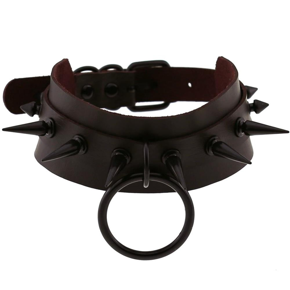 Gothic spiked leather choker with ring, perfect for men and women in rock or rave outfits.