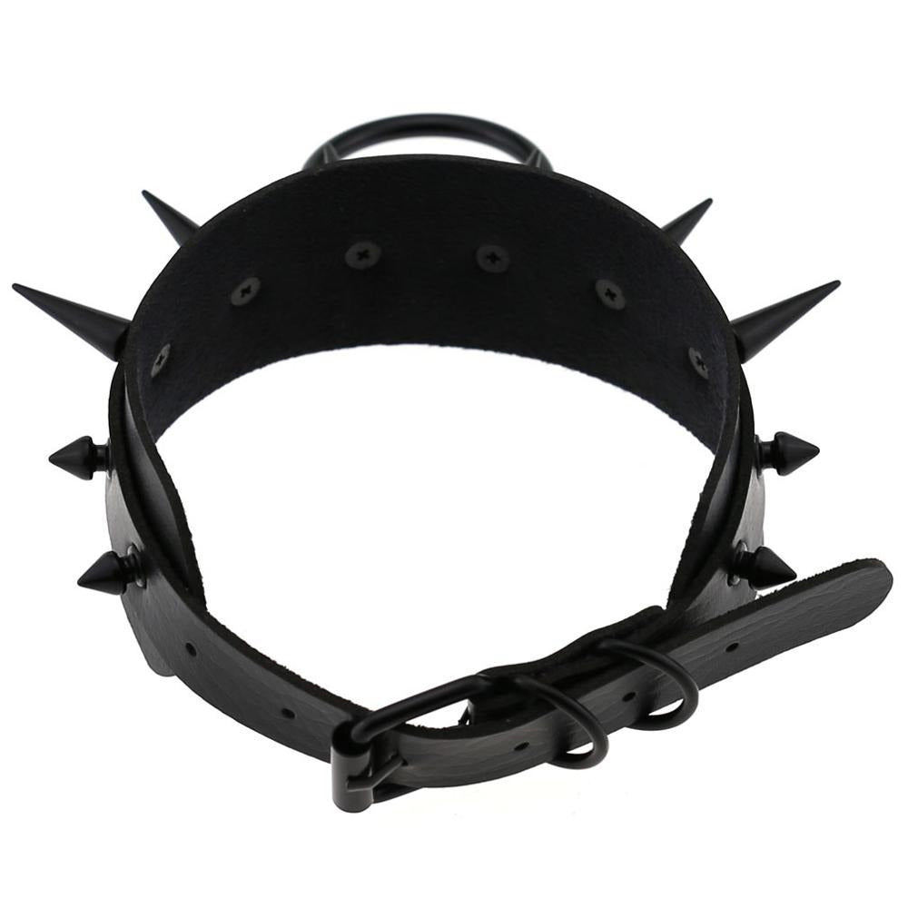 Gothic spiked choker necklace with leather and ring, perfect for unisex rock and rave outfits.