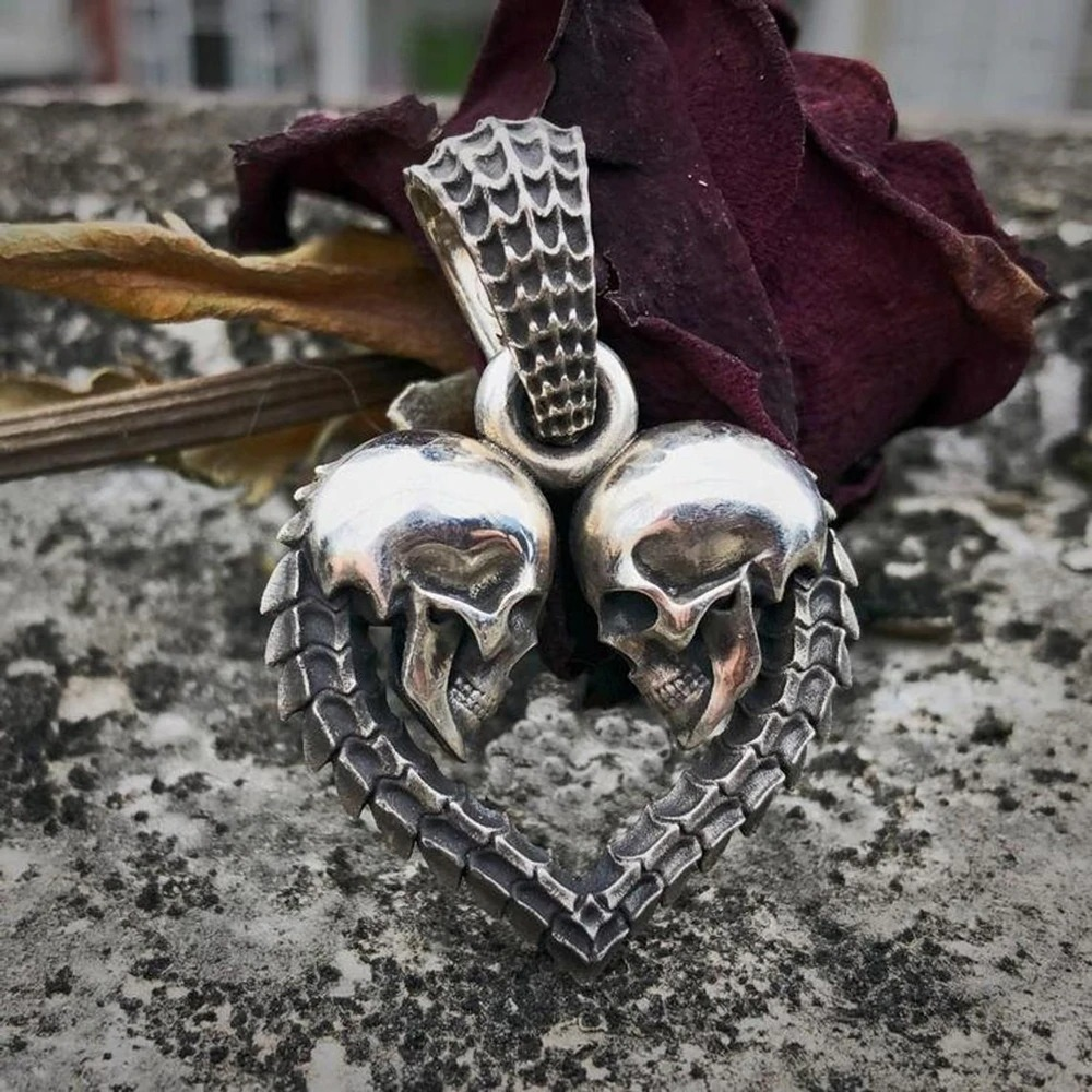 Gothic Stainless Steel Double Skull Heart Necklace Pendant / Biker Unisex Jewelry - HARD'N'HEAVY