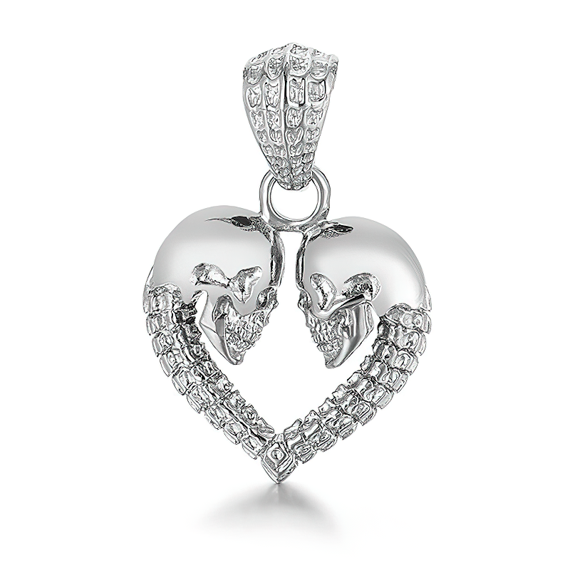 Gothic Stainless Steel Double Skull Heart Necklace Pendant / Biker Unisex Jewelry - HARD'N'HEAVY