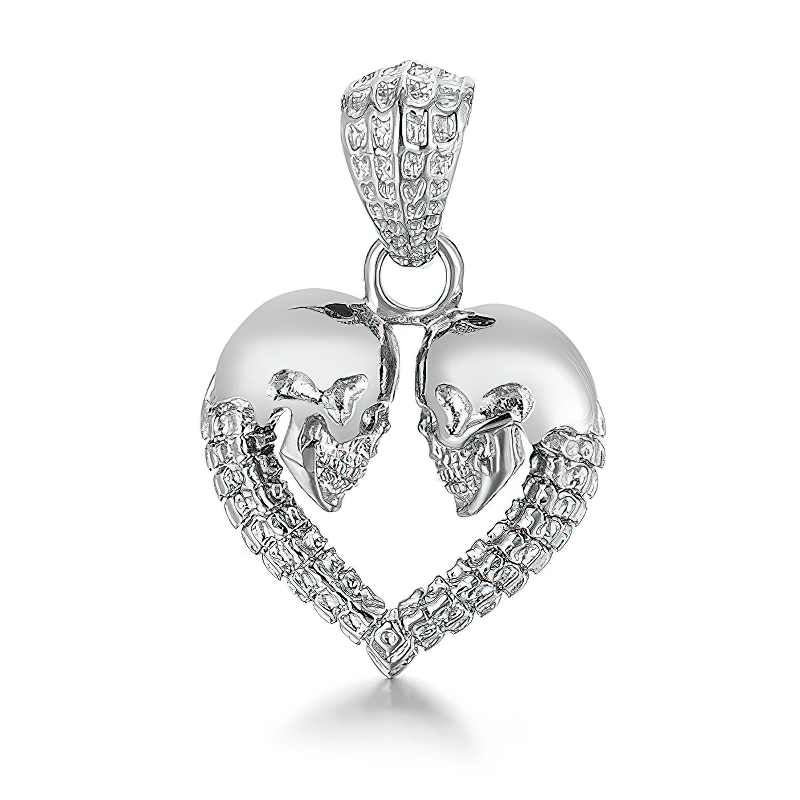 Gothic stainless steel double skull heart necklace pendant, perfect for bikers and unisex style.