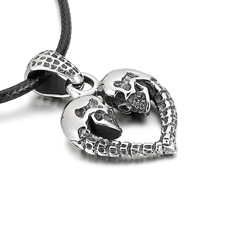 Gothic stainless steel double skull heart pendant necklace for bikers, stylish unisex jewelry accessory.