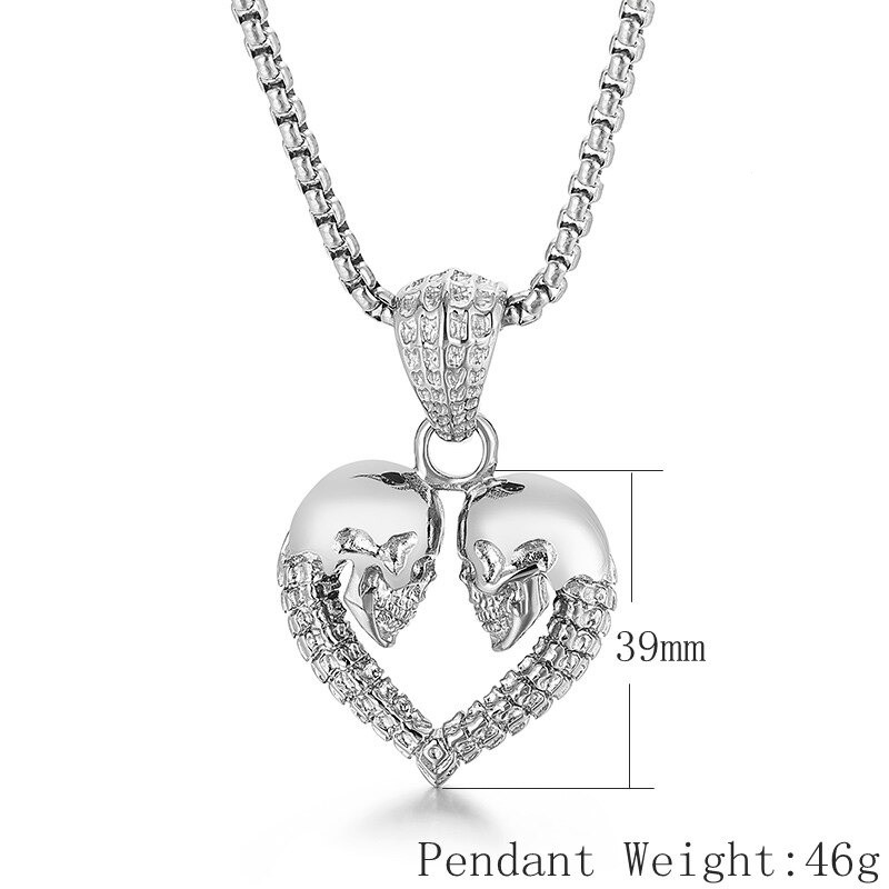 Gothic stainless steel double skull heart necklace pendant, 39mm, perfect biker unisex jewelry accessory.